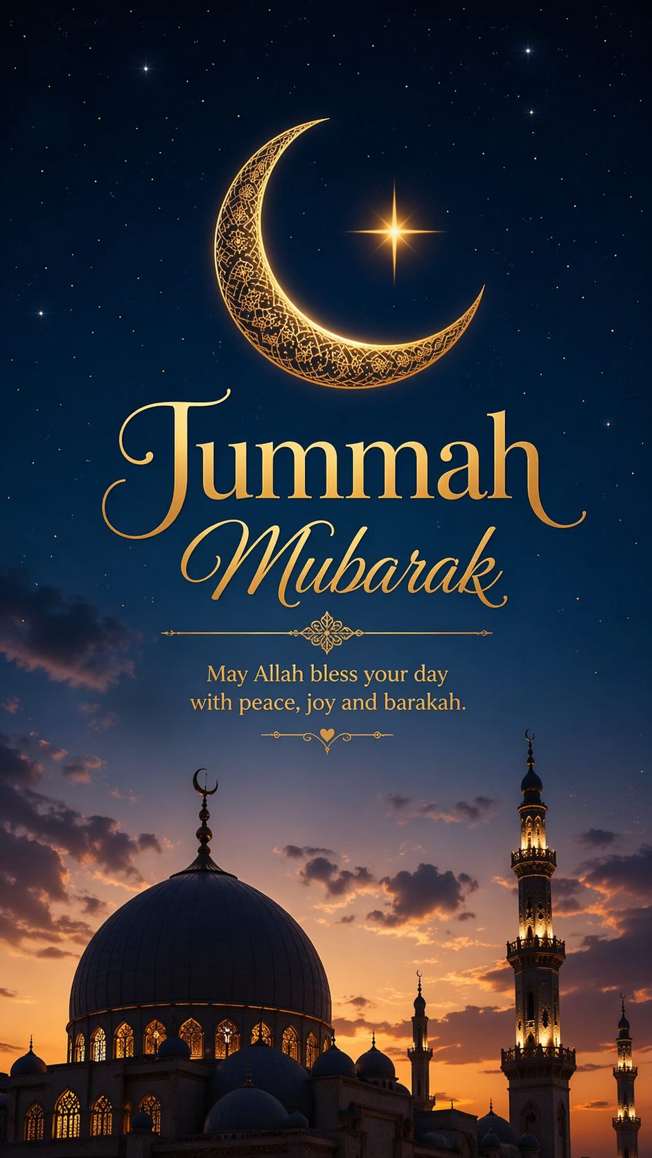 Crescent moon and star in gold with mosque dome silhouette against deep blue twilight sky, Jummah Mubarak